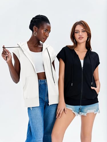 Fisoew Women's Sleeveless Zip Up Hoodies Casual Loose Fit Drawstring Sweatshirts Lightweight Jackets Vest with Pockets Black
