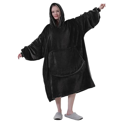 Easy-Going Oversized Flannel Wearable Blanket Hoodie for Adults, One Size Fits All, Black