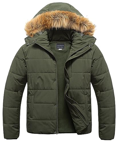 CREATMO US Big and Tall Winter Coats for Men Puffer Jacket Men's Hooded Coat Warm Thicken Cotton with Removable Hood Parka Army Green 2X