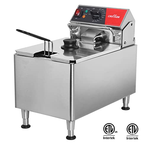 CROSSON ETL Listed 15Lbs Electric Deep Fryer with No-Assembling-Needed Solid Basket,Lid and Height Adjustable Legs for Restaurant Use,120V/1800W Commercial 8L Countertop Deep Fryer