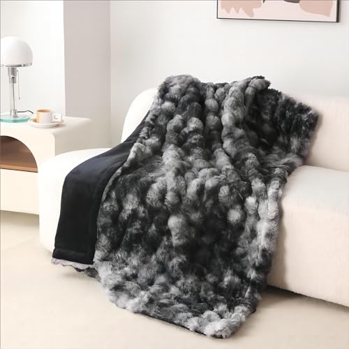 COOVA Faux Rabbit Fur & Flannel Throw Blanket 50x60 Inch - Luxury Fuzzy & Cozy Soft Blanket for All Seasons, Breathable and Comfortable for Bed, Sofa, Couch, and Camping,Ivory White