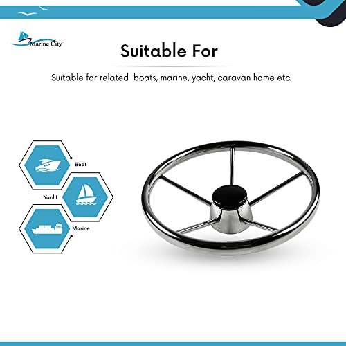 MARINE CITY 304 Stainless Steel Boat Steering Wheel - 25 Degree 5 Spokes | 13-1/2 Inches Diameter | Attractive Design - Ideal for Marines, Boats, and Yachts
