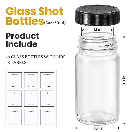 9 Pack, 2 oz Glass Shot Bottles w/ Black Lids & 9 Labels - Small Clear Jar for Ginger, Wellness Shot, Juice, Sample, Whiskey - Travel Essentials Mini Bottles - Wide Mouth, Leakproof, Dishwasher Safe