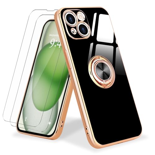 Urarssa for iPhone 15 Case with Stand 360° Rotatable Ring Holder Magnetic [with 2 Screen Protector] Kickstand Gold Plating for Women Men Shockproof Protective Phone Case Cover for iPhone 15, Black