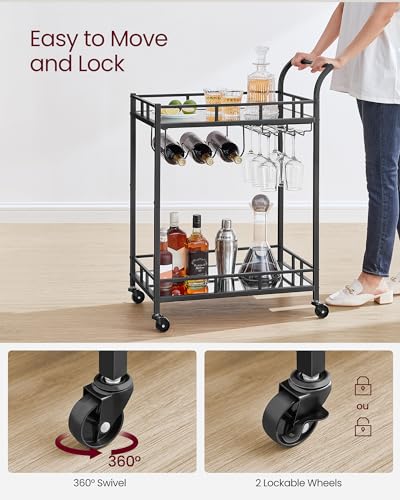 VASAGLE Bar Cart Black, Home Bar Serving Cart, Wine Cart with 2 Mirrored Shelves, Wine Holders, Glass Holders, for Kitchen, Dining Room, Black ULRC092B62