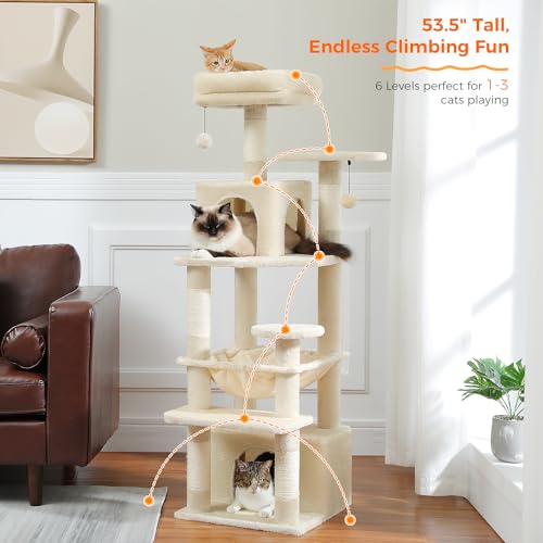 PAWZ Road Cat Tree, 53.5 Inches Tall Cat Tower with Spacious Hammocks, Condos and Scratching Posts, Cat House with Dual Padded Perches for Indoor Large Cats-Beige