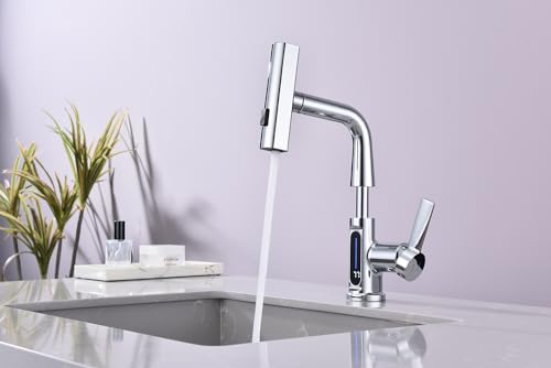 Pirooso Bathroom Faucet with LED Temperature Display, Liftable Bathroom Faucet with Pull Down Sprayer, Waterfall Rainfall Faucet for Bathroom Sink, Single Handle Faucet for Bathroom and Kitchen Chrome