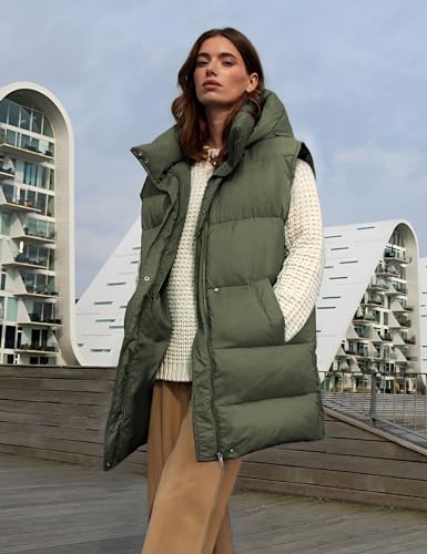 Fiona Jolin Long Puffer Vest Women Hooded Warm Padded Winter Coats Sleeveless Puffy Jackets Outerwear Vests (Apricot-XS)