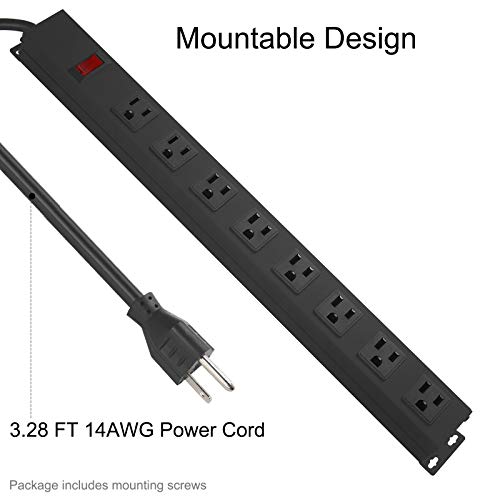 Metal 8 Outlet Mountable Power Strip, Wall Mount Outlet Power Strip Heavy Duty, Wide Spaced Commercial Shop Power Strip with Switch, 15A 125V 1875W, 3.28 FT SJT 14AWG Power Cord (3.28FT) Black