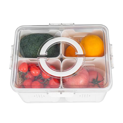 Bandesun Airtight Fruit Storage Containers for Fridge with Lids - 4 Grids, Handle & Removable Colanders, BPA-Free Fresh Produce Saver & Refrigerator Organizer Bins