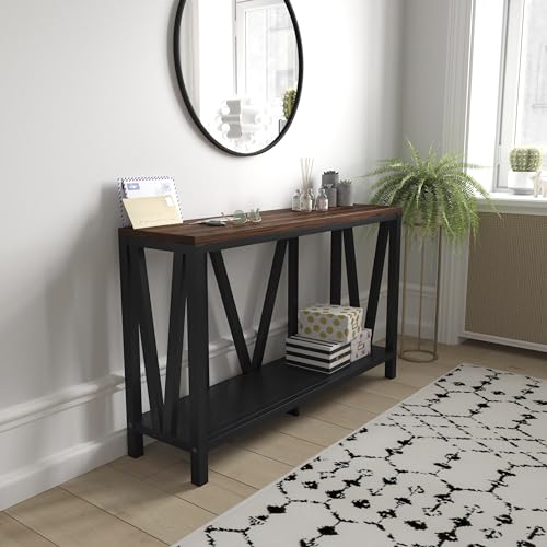 BizChair Farmhouse 2-Tier Console Table - Black Finish Engineered Wood Frame - Walnut Finish Tabletop - for Entryway or Living Room