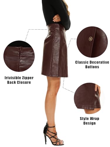 Ginasy High Waisted Faux Leather Skirts for Women Dressy Casual Wrap Pleather Mini A Line Skirts Maroon