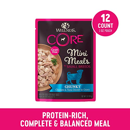 Wellness CORE Natural Grain Free Small Breed Mini Meals Wet Dog Food, Chunky Chicken & Chicken Liver Entrée in Gravy, 3-Ounce Pouch (Pack of 12)