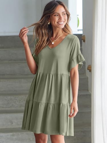 ANRABESS Women's 2024 Summer Trendy V Neck Ruffle Short Sleeve A Line Tiered Flowy Casual Mini Beach Dress with Pockets Deep Green Medium