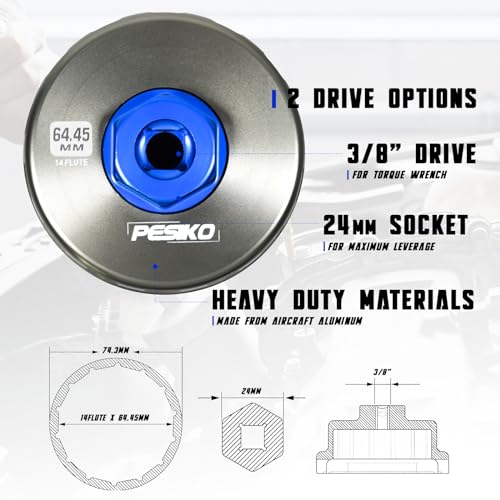 PESIKO 64.3mm 14 Flute Oil Filter Wrench for Toyota, Lexus and Scion Large Capacity Engines, Precision Machined Aircraft Aluminum Oil Filter Removal Tool for Easily Remove Oil Filter