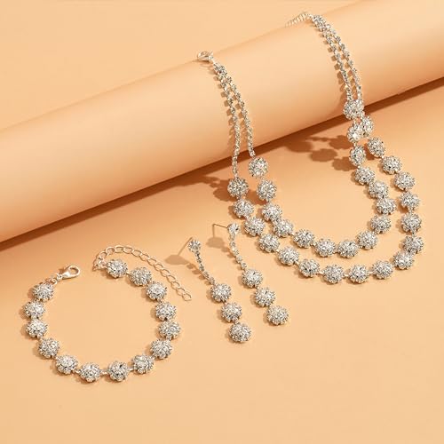 HUASAI Wedding Jewelry Sets for Brides Silver Prom Jewelry Rhinestone Necklace Earrings Bracelet Set for Party Wedding Graduation Bridesmaid Prom Dresses 2024 Accessories