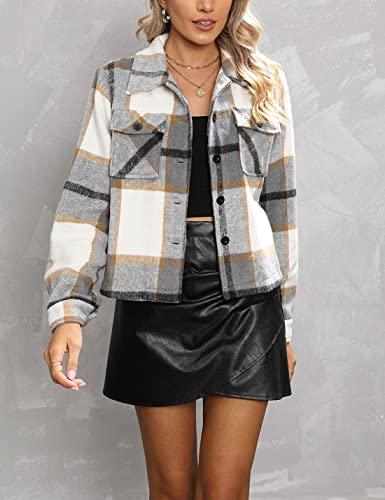 Yeokou Women's Fashion Cropped Flannel Wool Blend Plaid Shacket Long Sleeve Button Down Jackets Coat(Brown-S)