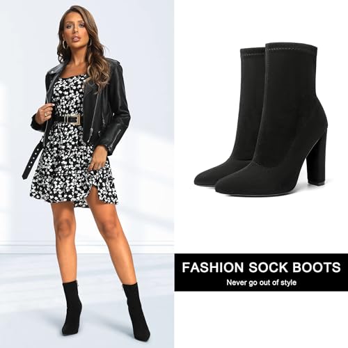 Black Sock Boots for Women Sock Booties Women's Heeled Boots Chunky Heel Boots Suede Ankle Boots Fall Winter Dress Boots Pointed Toe Mid Calf Booties High Heel Boots