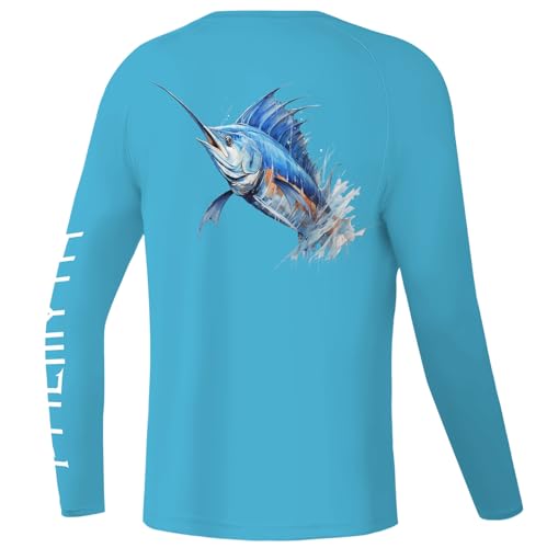 Palmyth Boys Fishing Shirt Youth Long Sleeve T-Shirt UPF 50+ Sun Protection (Blue Sky/Swordfish, S)