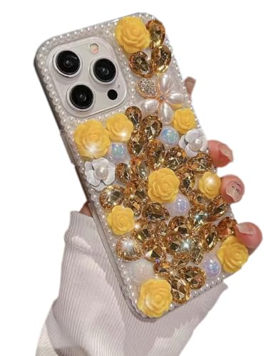 XinMerry Compatible with iPhone 14 Pro Max Bling Case for Women Girls Luxury Sparkle Glitter 3D Handmade Diamond Crystal Rhinestone Pearl Flowers Case Cover for iPhone 14 Pro Max 6.7 inch, Gold