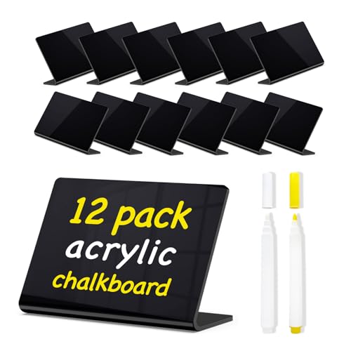 PigPotParty Acrylic Mini Chalkboard Signs for Outdoor Party Buffet, 12 Pcs 4"x3", Glossy Black Elegant Food Labels for Wedding, Table Signs, Place Cards, Include 2 Wet Erase Markers