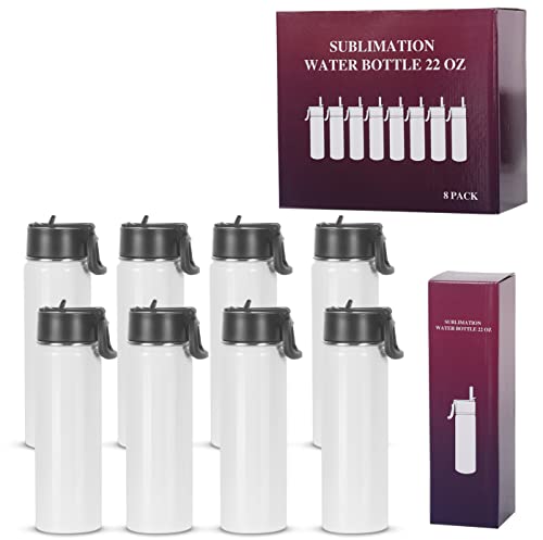 Draheri Sublimation Sports Water Bottle blanks, 22 Oz Sublimation Tumblers, Double Wall Stainless Steel Sports Water Bottle Flask with Portable Handle, Individually Boxed (8 Pack)