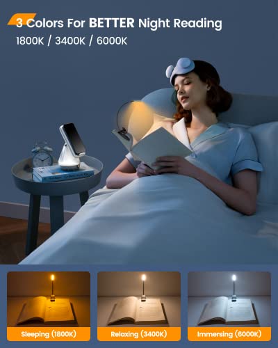 Glocusent Willow Book Light, 10LED, 3 Colors & 3 Brightness, Rechargeable, Lightweight, Clip on, Modern Design, Pure White, ABS Material, USB-C, 80hr Runtime, Ideal for Book Lovers