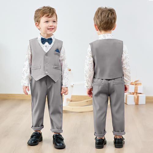 CARETOO Toddler Wedding Outfit Baby Boy Gentleman Long Sleeves Suit Sets with Pocket 12 Months to 5 Years