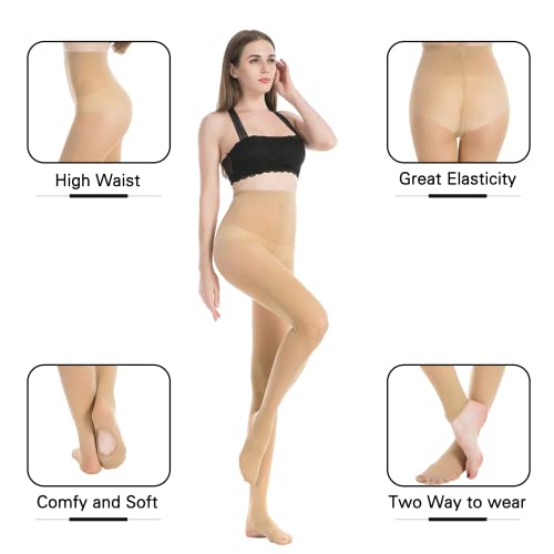MANZI Womens Girls Solid Color Comfortable Convertible Ballet Tights 3 Pairs Pack(2*Ballet pink+1*Natural,S)