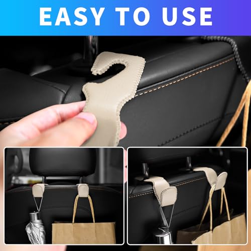 Duhome Leather Purse Hooks for Car, 2 Pack Car Purse Holder, Car Headrest Car Hooks for Hanging Purses and Bags Coats Grocery Bag (Beige)