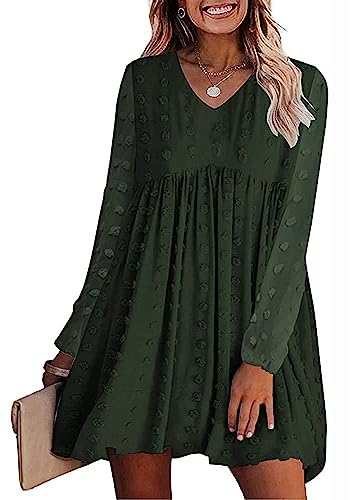 KIRUNDO Womens Dresses 2024 Spring Summer Long Sleeve Mini Dress V Neck Flowy Casual Swiss Dot Loose Babydoll Maternity Dress(Black, Small)