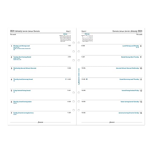 Filofax Calendar Diary Refill, A5 Size, Week on One Page, White Paper, Unruled, Multilingual: Four Languages, 2024 (C68517-24)