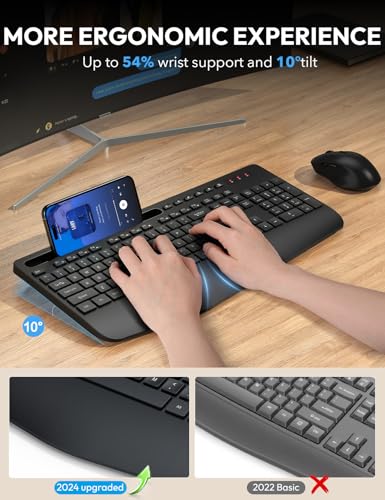 SABLUTE Wireless Keyboard and Mouse, Wrist Rest, Large Print, Phone Holder, 2.4G Ergonomic Keyboards Mouse Combo, Silent Cordless High Contrast Set for Low Vision and The Elderly, Battery Powered