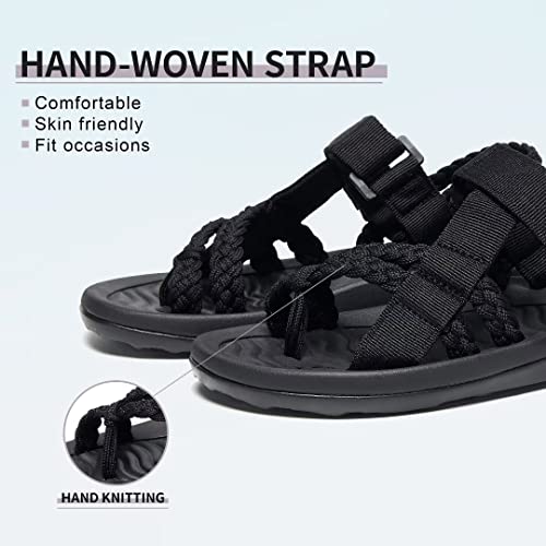 MEGNYA Ladies Supportive Walking Dressy Sandals, Cushion Rubber Insole Sandals for Outdoor Adventure, Comfortable Flip Flop Water Sandals with Cute Hook and Loop Straps Black Grey Size 6