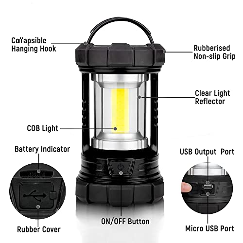 Rechargeable Camping Lantern, 3000LM 5 Light Modes Camping Light 4400 Capacity Phone Charger LED Impact-Resistant Flashlight Lantern Portable Waterproof Hurricane Lanterns for Emergency(Black)