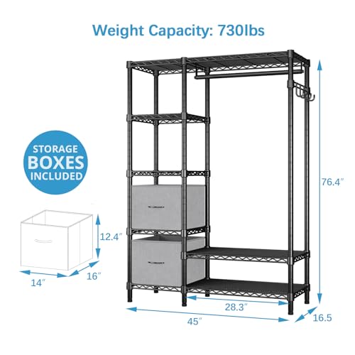 VIPEK V7 Heavy Duty Clothes Rack with Shelves Garment Rack with Drawers, Portable Clothing Storage Rack for Hanging Clothes Freestanding Closet System Adjustable Metal Wardrobe, Max Load 730lbs, Black