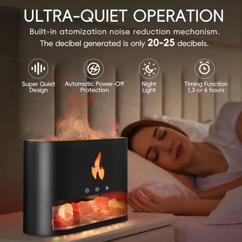 Yaledi Fireplace Flame Diffuser, Aromatherapy Essential Oil 250ml Himalayan Salt Lamp Cool Mist Ultrasonic Humidifier for Bedroom,Office,Home, Auto Shut-Off, Night Light (Black), (M23)