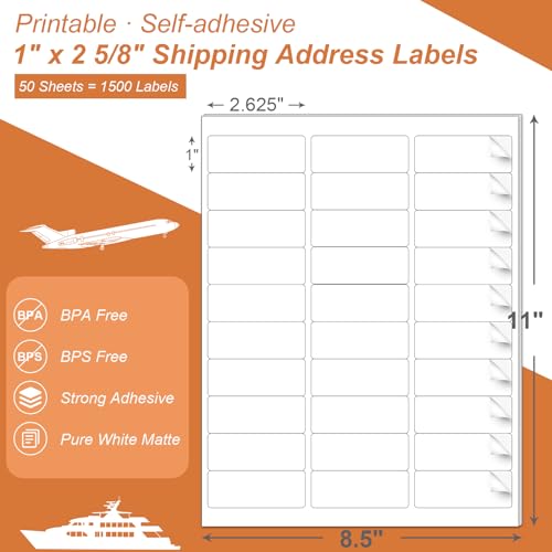 PAPRMA Shipping Address Labels 1x2-5/8 inch, Printable Mailing Labels 30 Per Page - Sticker Label Paper for Laser & Ink Jet Printer - Matte White 50 Sheets 1500 Labels - FBA Barcode Labels