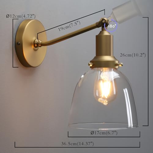 PERMO Industrial Vintage Slope Pole Wall Mount Single Sconce with 6.7" Oval Dome Clear Glass Shade Wall Sconce Light Lamp Fixture (Antique)