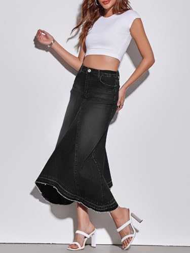 Fisoew Womens Denim Maxi Skirt Casual High Waist A-Line Frayed Irregular Hem Long Jean Skirt