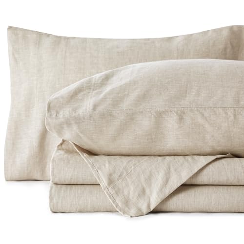 Bedsure Linen Sheets - Twin Linen Bed Sheet, 3 Pcs Twin Sheets Set Cotton Linen, Linen Cotton Blend Sheets for All Seasons, 1 Flat Sheet, 1 Fitted Sheet and 1 Pillowcase (Linen, Twin)