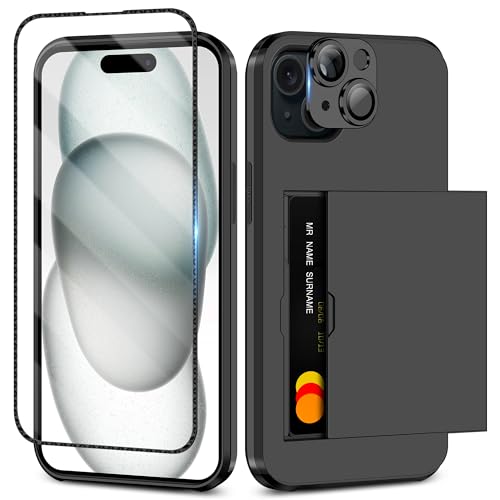 SAMONPOW 4-in-1 for iPhone 15 Case Wallet with Screen Protector & Camera Cover Full Body Hybrid 15 Case with Card Holder Shockproof Protective Phone Case for iPhone 15 for Women Men, Black