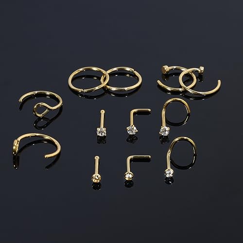 DAILI 12PCS 20G Nose Rings Studs, Surgical Steel Nose Ring L Shaped Corkscrew Bone Nose Stud Gold Nose Ring Hoop Nose Piercing Jewelry Hypoallergenic Cubic Zirconia Nose Stud Set for Women Men