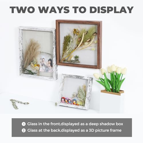 Muzilife Shadow Box Picture Frame with Linen Board Deep Wood Glass Display Case Ready to Hang Memory Box Baby Sports Memorabilia, Pins, Awards, Medals, Wedding, Tickets and Photos (Black, 2pcs 8X8)
