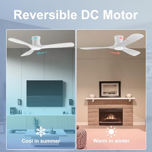 Hoenofly 52” Smart Wood Low Profile Ceiling Fan with Lights Remote,Quiet DC Motor,Outdoor Indoor Flush Mount Ceiling Fans Controlled by WIFI Alexa App,Modern Black for Bedroom Living Room Patio Porch