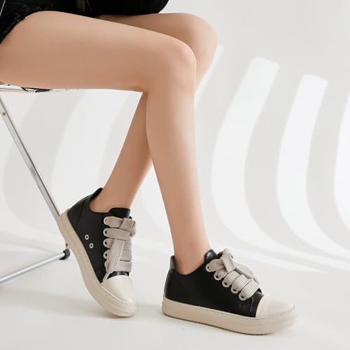 MOFEEDOUKA Womens Low Top Sneakers Thick Shoe Laces PU Leather Platform Comfort Walking Shoes Black