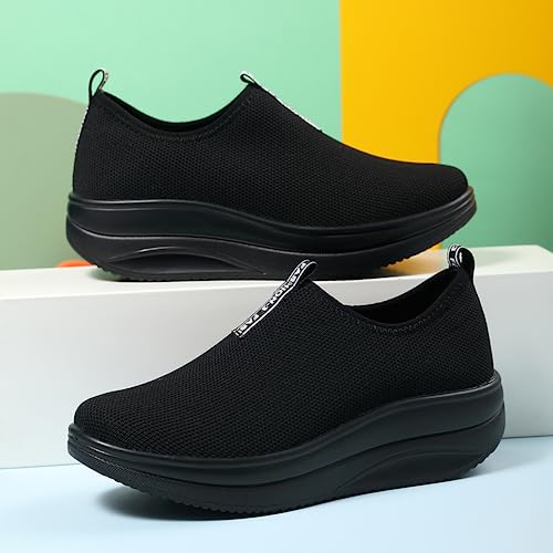 Oude All Black Wedge Sneakers for Women Support | Womens Workout Shoes Comfy | Womans Loafers Walking On Air | Thick Rocking Bottom Size 6