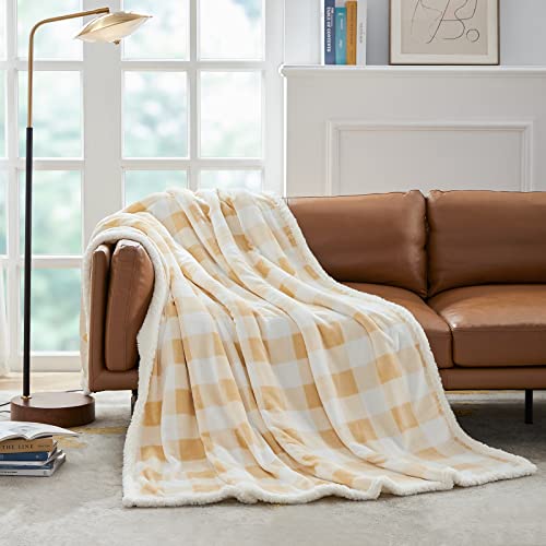 Touchat Sherpa Buffalo Plaid Throw Blanket, Fuzzy Fluffy Soft Cozy Blanket, Fleece Flannel Plush Microfiber Blanket for Couch Bed Sofa(60" X 70", Beige)