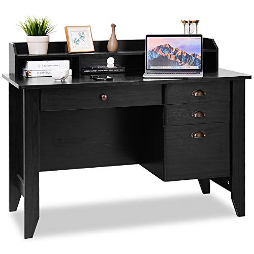 Tangkula Computer Desk with 4 Storage Drawers & Hutch, Home Office Desk Vintage Desk with Storage Shelves, Wooden Executive Desk Writing Study Desk (Black)