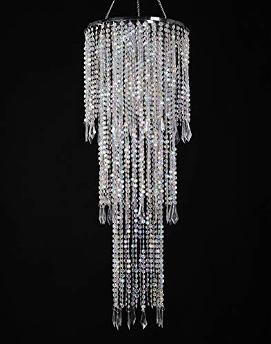 FlavorThings Sparkling Iridescent Acrylic Beaded Hanging Chandelier (W10.25"H30”)，3 Tiers Beads Pendant Shade, Ceiling Chandelier Lampshade with Acrylic Jewel Droplets, Beaded Lampshade